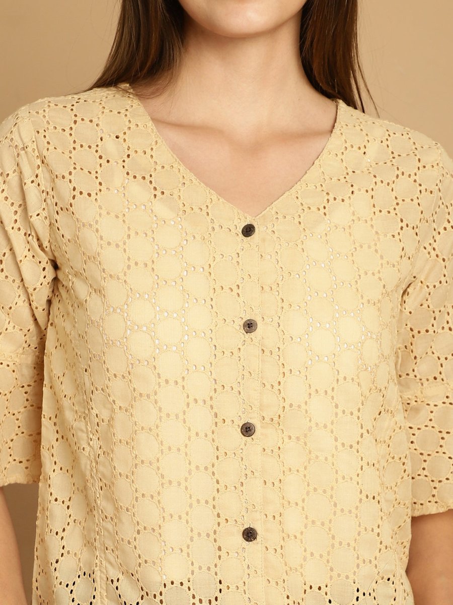 Embroidered Cotton V-Neck Top for Women - JNT_2020Beige_XS