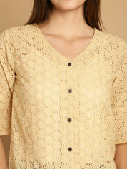 Embroidered Cotton V-Neck Top for Women - JNT_2020Beige_XS