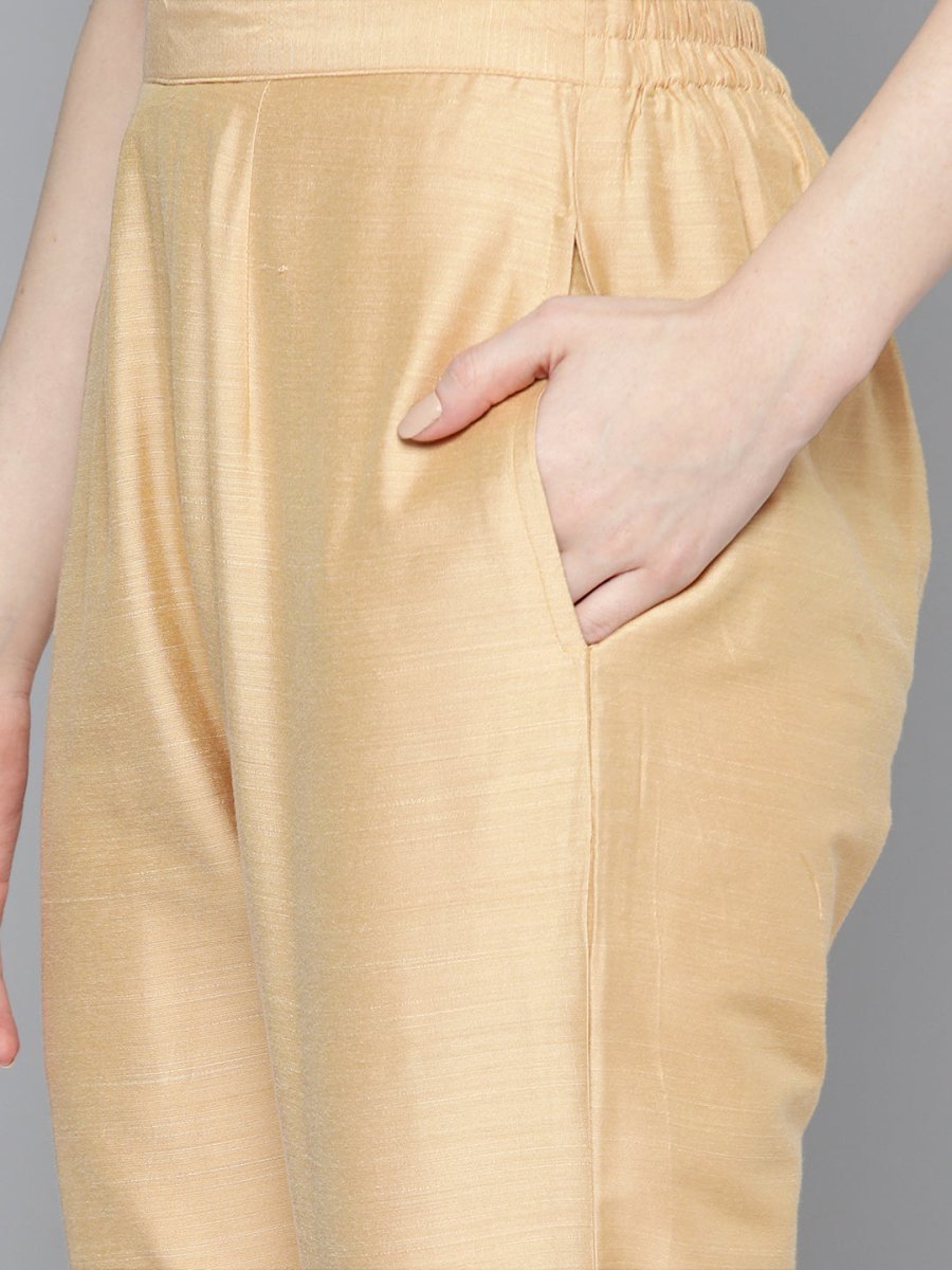 Embroidered Cotton Women Silk Flared kurta,pant with dupatta set - JOKS_D8R_1517_Golden_S