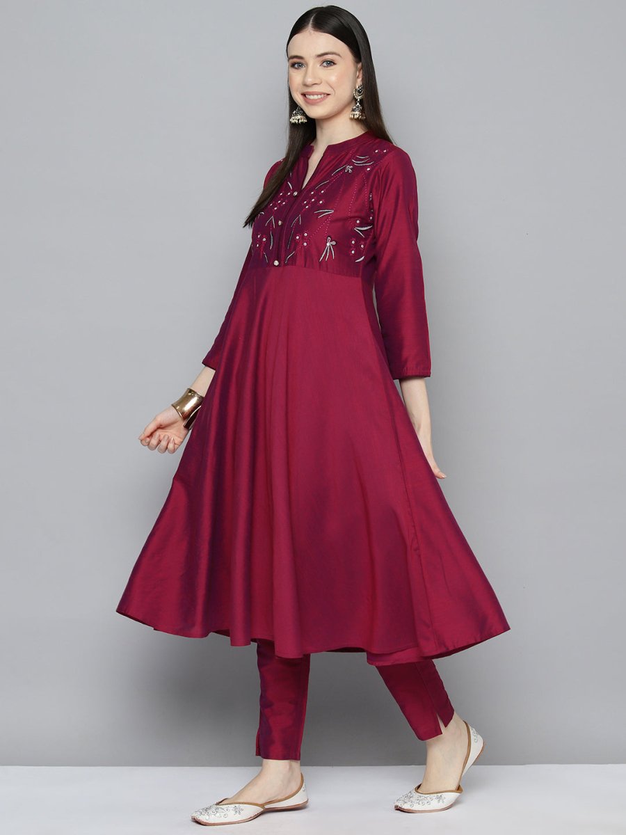 Embroidered Cotton Women Silk Flared kurta,pant with dupatta set - JOKS_D8P_1517_Pink_S