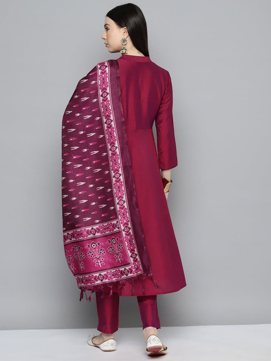 Embroidered Cotton Women Silk Flared kurta,pant with dupatta set - JOKS_D8P_1517_Pink_S