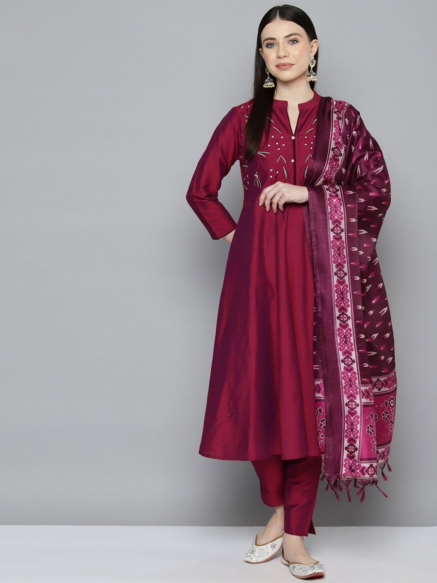 Embroidered Cotton Women Silk Flared kurta,pant with dupatta set - JOKS_D8P_1517_Pink_S