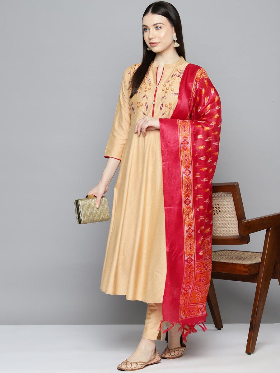 Embroidered Cotton Women Silk Flared kurta,pant with dupatta set - JOKS_D8R_1517_Golden_S