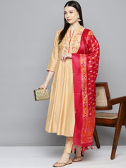 Embroidered Cotton Women Silk Flared kurta,pant with dupatta set - JOKS_D8R_1517_Golden_S