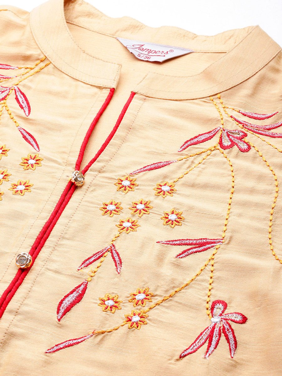 Embroidered Cotton Women Silk Flared kurta,pant with dupatta set - JOKS_D8R_1517_Golden_S