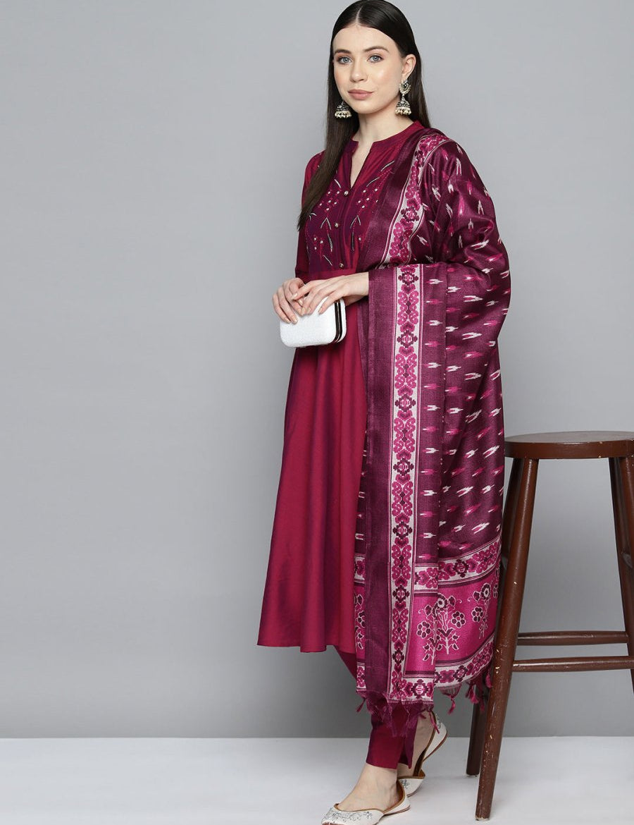 Embroidered Cotton Women Silk Flared kurta,pant with dupatta set - JOKS_D8P_1517_Pink_S