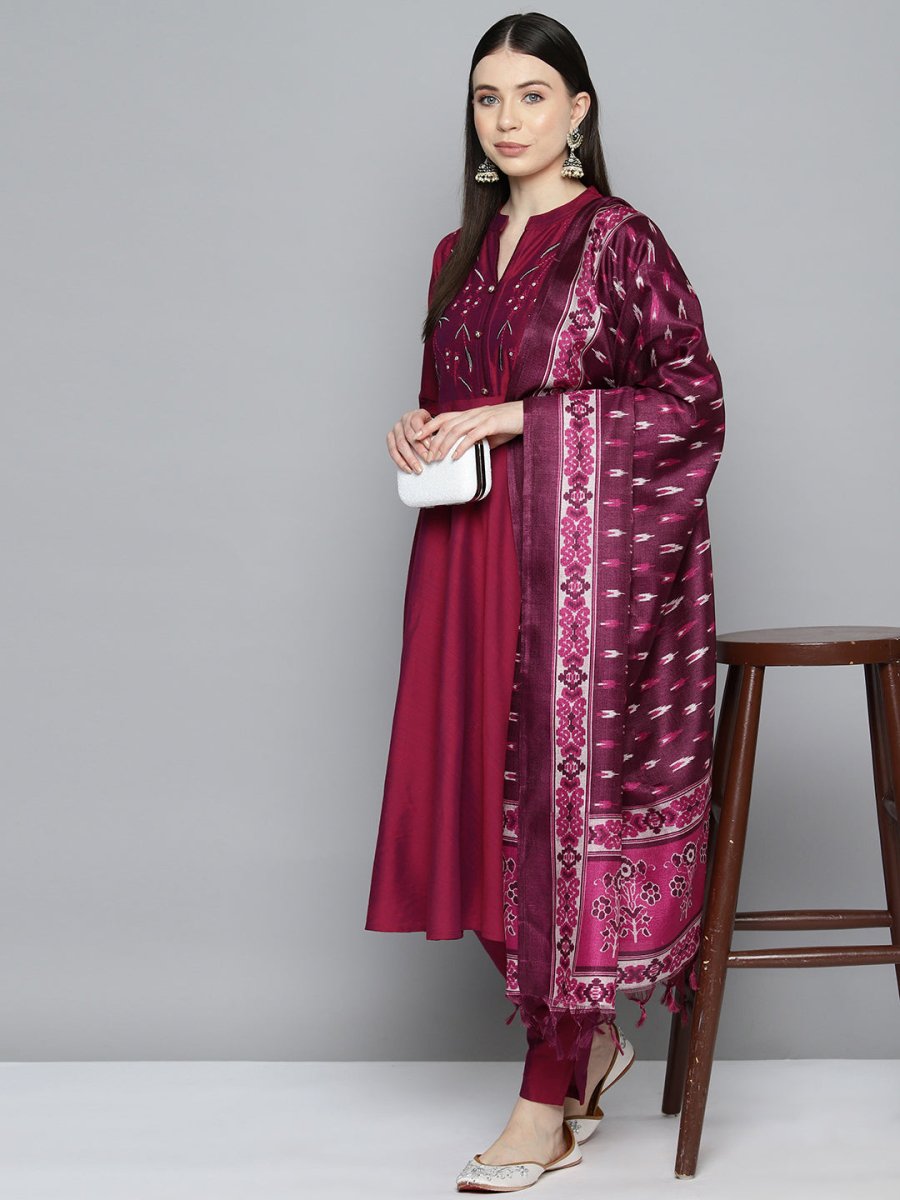 Embroidered Cotton Women Silk Flared kurta,pant with dupatta set - JOKS_D8P_1517_Pink_S