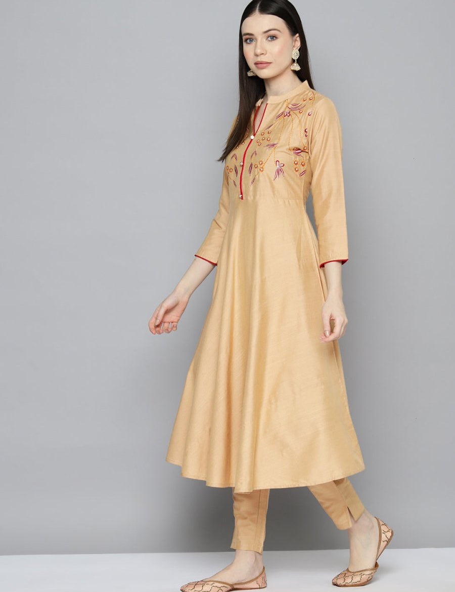 Embroidered Cotton Women Silk Flared kurta,pant with dupatta set - JOKS_D8R_1517_Golden_S
