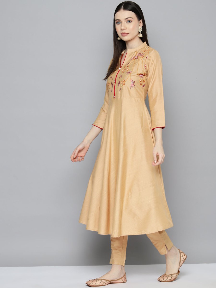 Embroidered Cotton Women Silk Flared kurta,pant with dupatta set - JOKS_D8R_1517_Golden_S