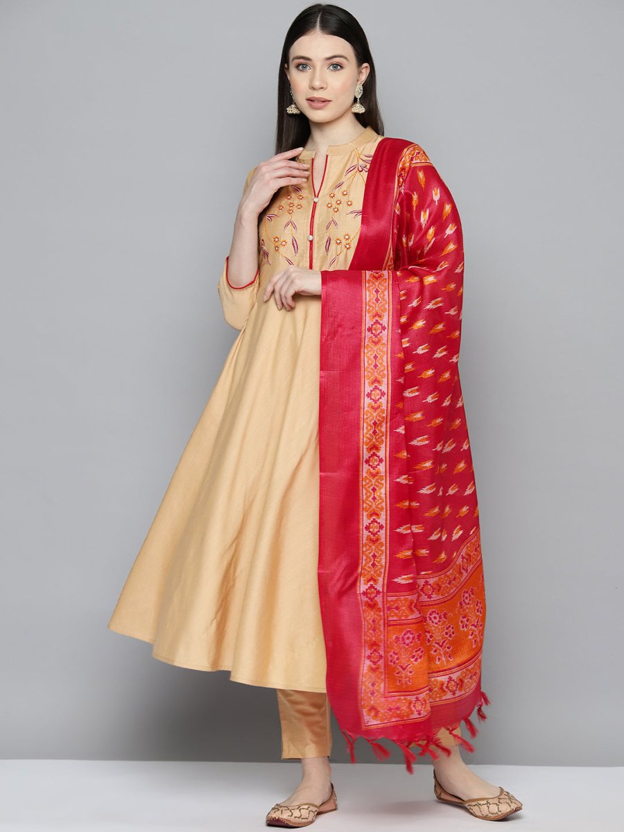 Embroidered Cotton Women Silk Flared kurta,pant with dupatta set - JOKS_D8R_1517_Golden_S