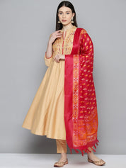 Embroidered Cotton Women Silk Flared kurta,pant with dupatta set - JOKS_D8R_1517_Golden_S
