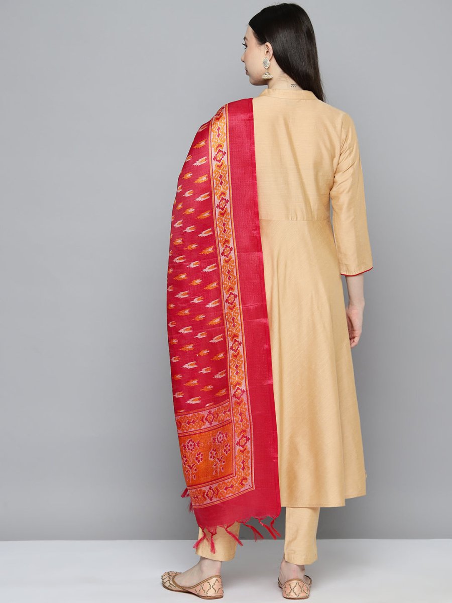 Embroidered Cotton Women Silk Flared kurta,pant with dupatta set - JOKS_D8R_1517_Golden_S