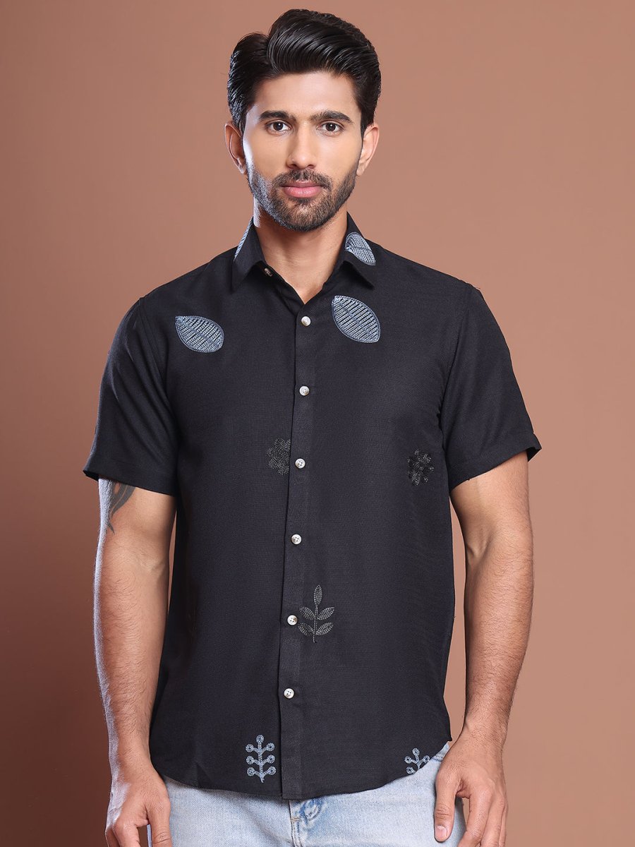 Embroidered Half Sleeve Cotton Blend Shirt - SF_9036Black_S
