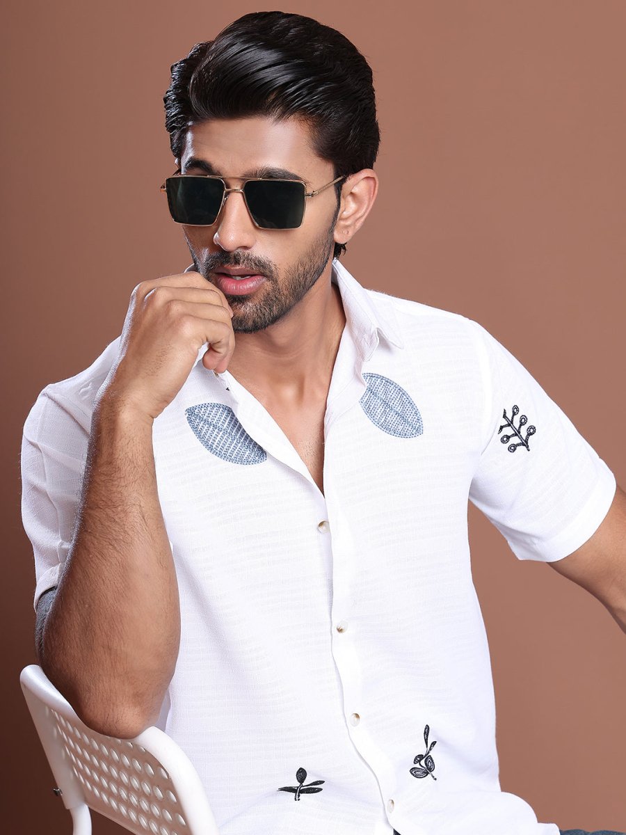 Embroidered Half Sleeve Cotton Blend Shirt - SF_9036White_S