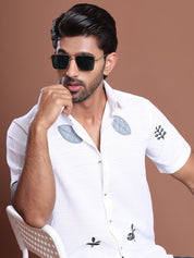 Embroidered Half Sleeve Cotton Blend Shirt - SF_9036White_S