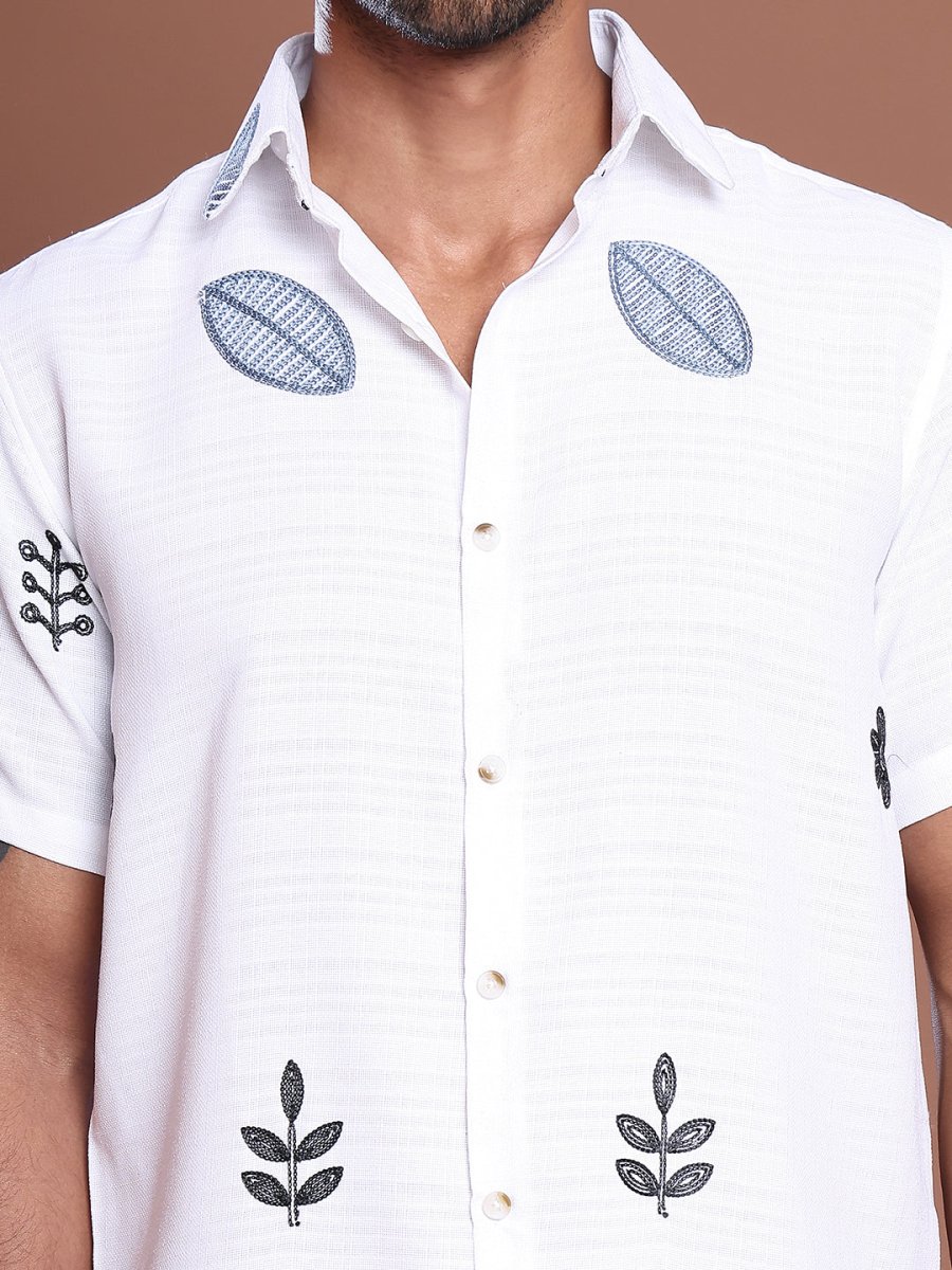 Embroidered Half Sleeve Cotton Blend Shirt - SF_9036White_S