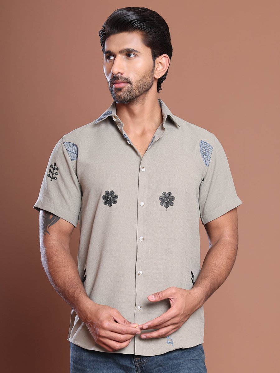 Embroidered Half Sleeve Cotton Blend Shirt - SF_9036Grey_S