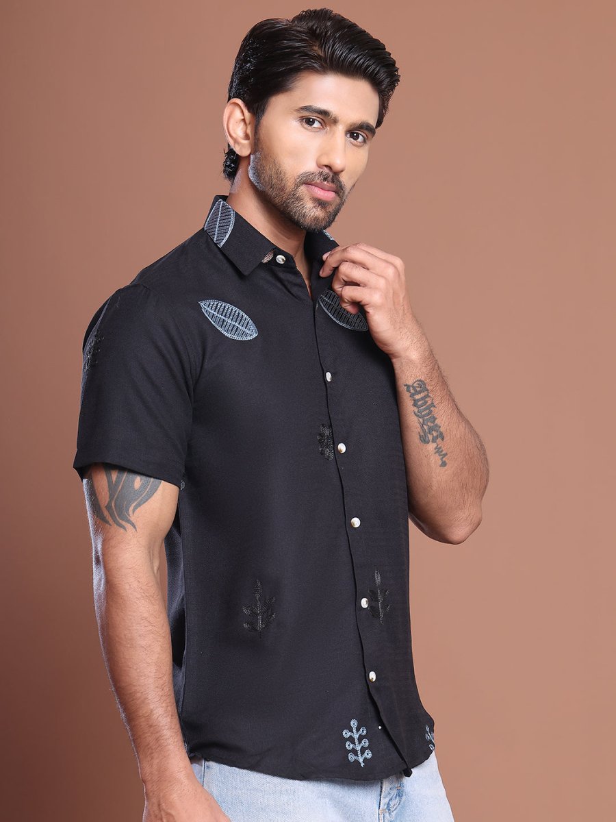 Embroidered Half Sleeve Cotton Blend Shirt - SF_9036Black_S