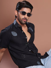 Embroidered Half Sleeve Cotton Blend Shirt - SF_9036Black_S