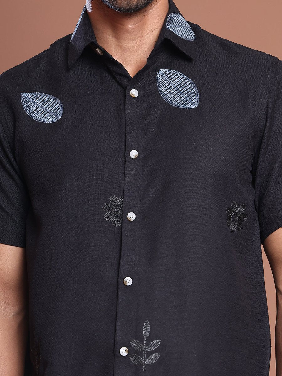 Embroidered Half Sleeve Cotton Blend Shirt - SF_9036Black_S