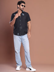 Embroidered Half Sleeve Cotton Blend Shirt - SF_9036Black_S