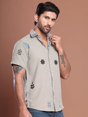 Embroidered Half Sleeve Cotton Blend Shirt - SF_9036Grey_S
