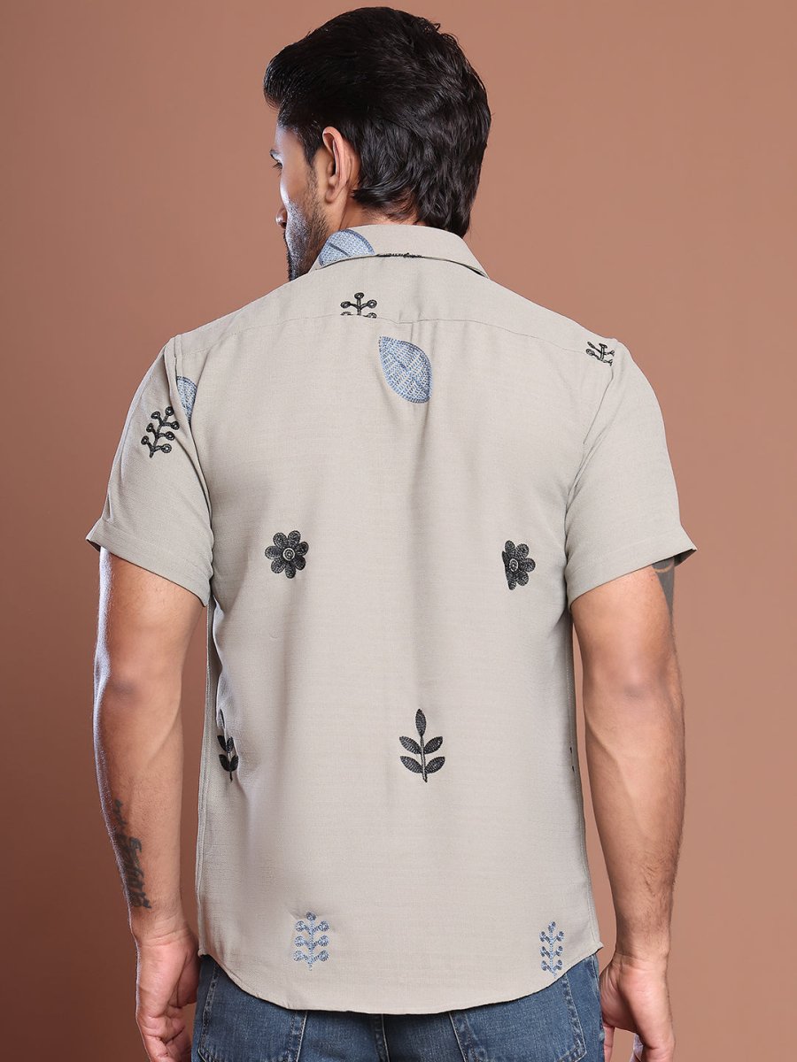 Embroidered Half Sleeve Cotton Blend Shirt - SF_9036Grey_S
