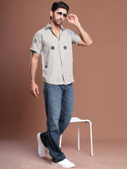Embroidered Half Sleeve Cotton Blend Shirt - SF_9036Grey_S