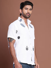 Embroidered Half Sleeve Cotton Blend Shirt - SF_9036White_S