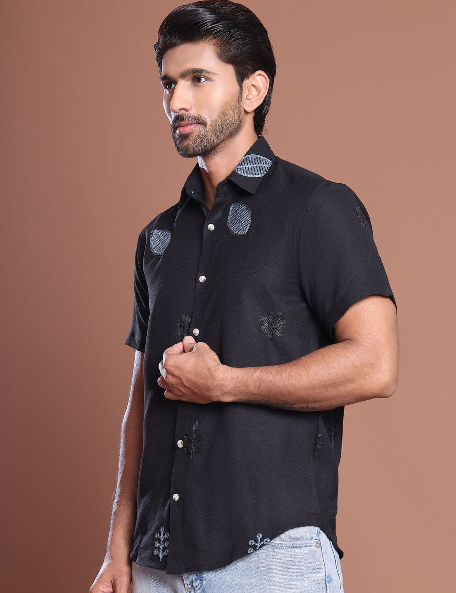 Embroidered Half Sleeve Cotton Blend Shirt - SF_9036Black_S
