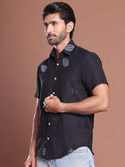 Embroidered Half Sleeve Cotton Blend Shirt - SF_9036Black_S
