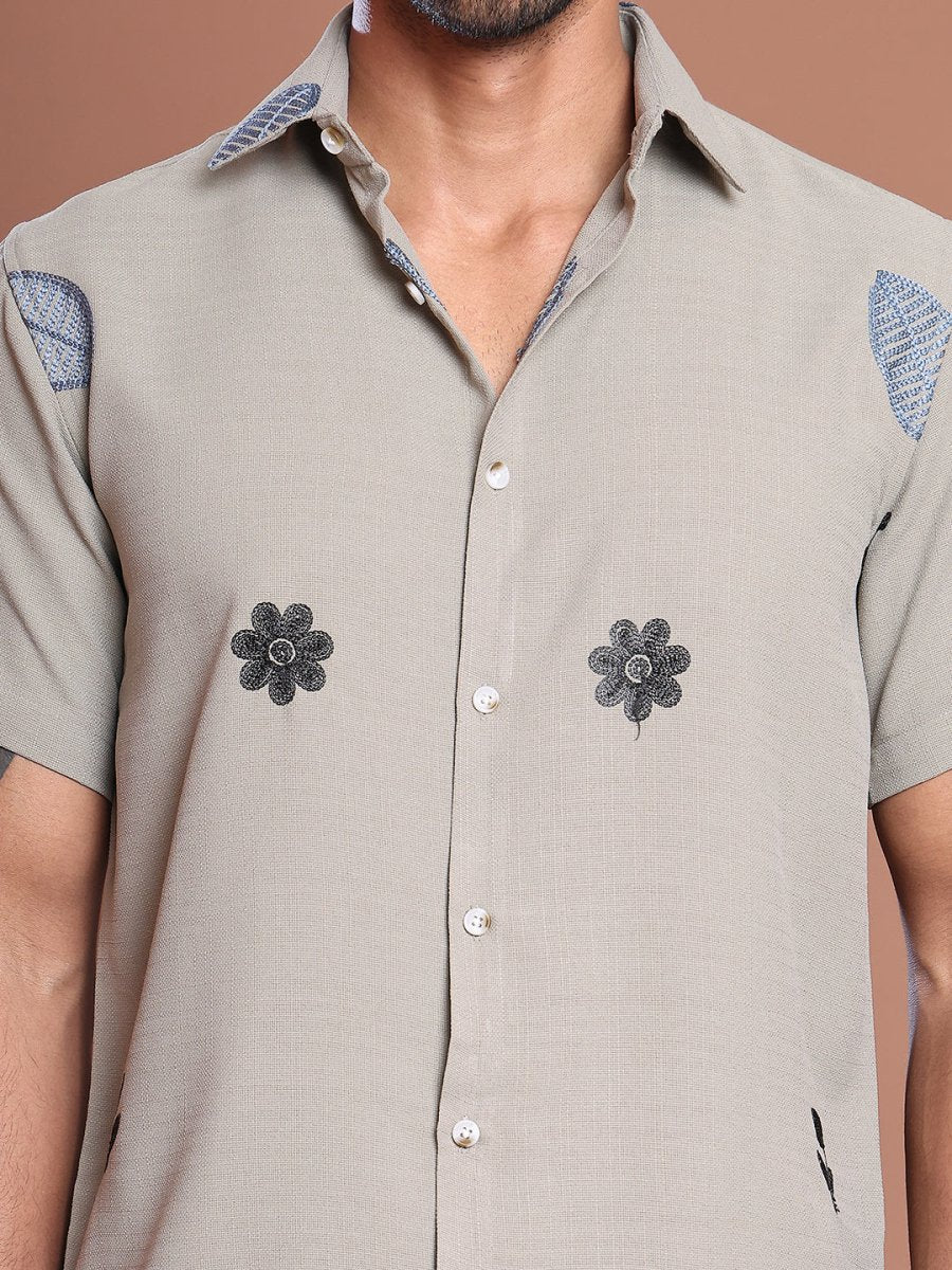 Embroidered Half Sleeve Cotton Blend Shirt - SF_9036Grey_S