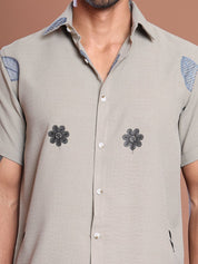Embroidered Half Sleeve Cotton Blend Shirt - SF_9036Grey_S