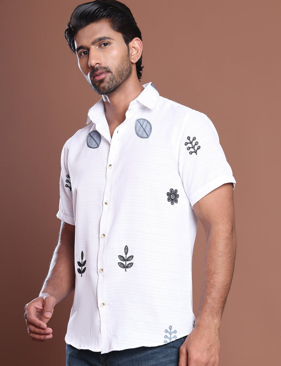 Embroidered Half Sleeve Cotton Blend Shirt - SF_9036White_S