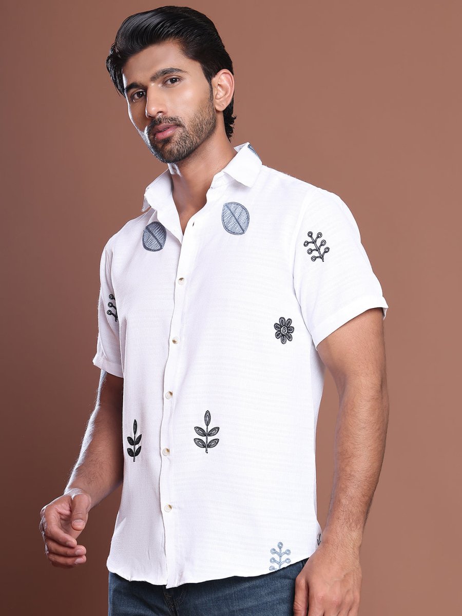 Embroidered Half Sleeve Cotton Blend Shirt - SF_9036White_S