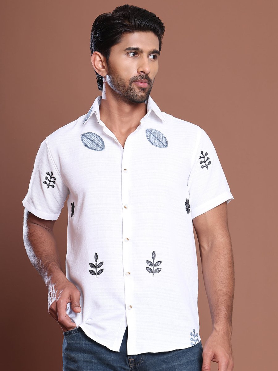 Embroidered Half Sleeve Cotton Blend Shirt - SF_9036White_S