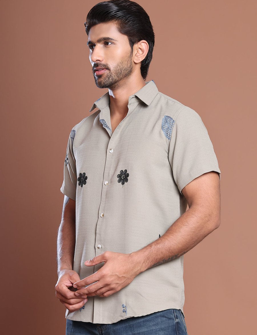 Embroidered Half Sleeve Cotton Blend Shirt - SF_9036Grey_S