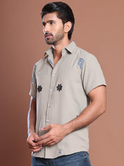 Embroidered Half Sleeve Cotton Blend Shirt - SF_9036Grey_S