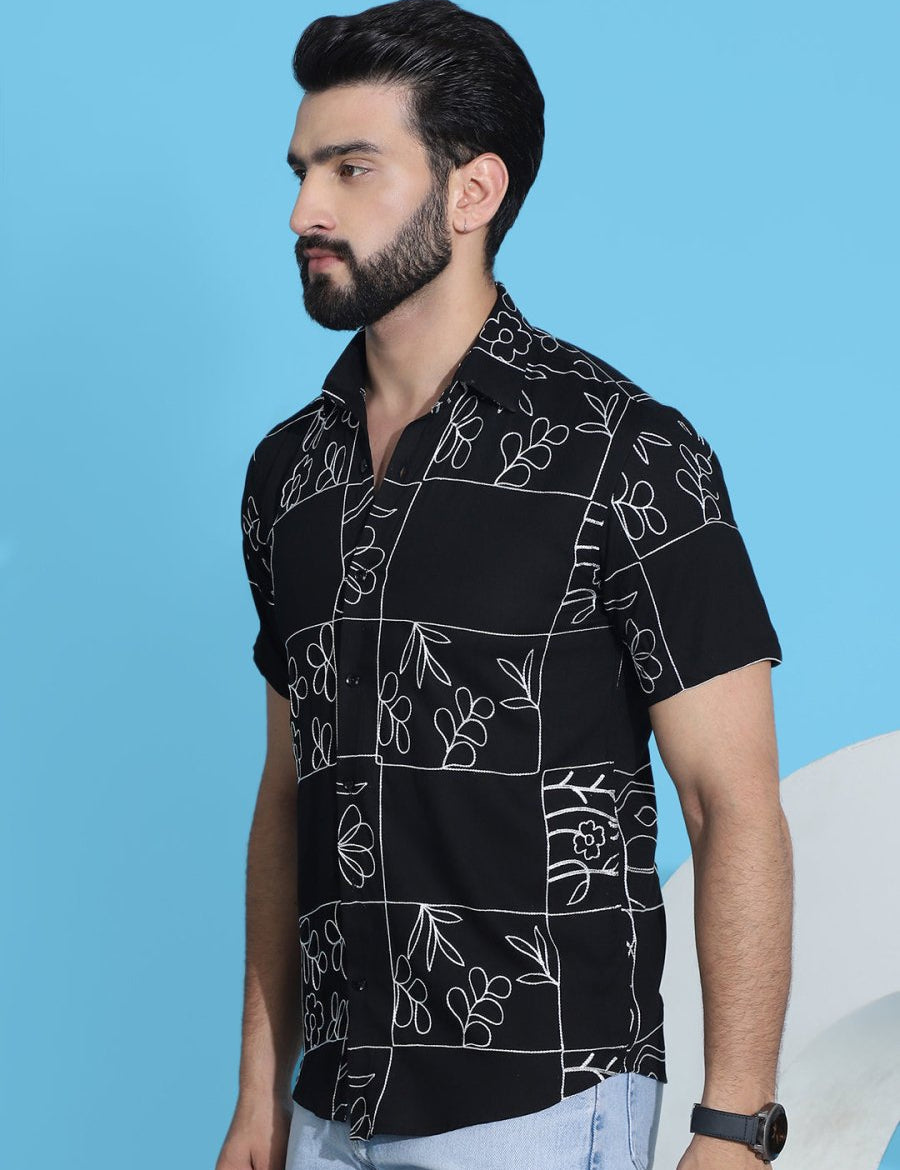 Embroidered Half Sleeve Cotton Shirt for Men - SF_948Black_S