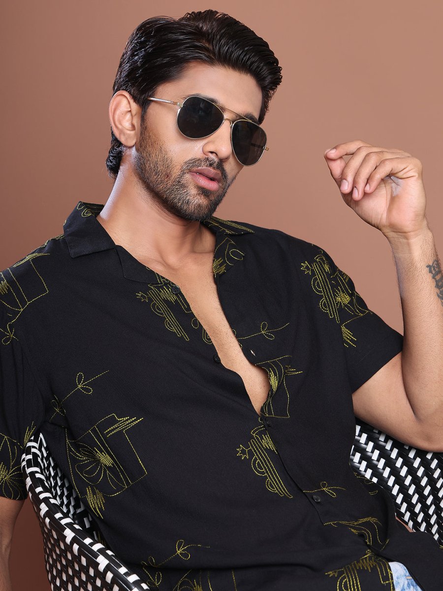 Embroidered Half Sleeve Cotton Shirt for Men - SF_9040Black_S