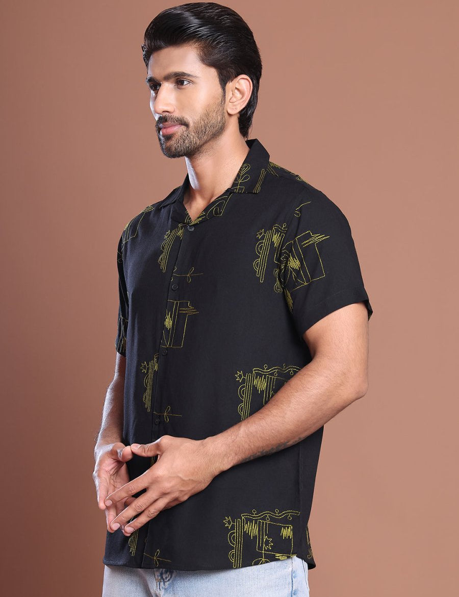 Embroidered Half Sleeve Cotton Shirt for Men - SF_9040Black_S