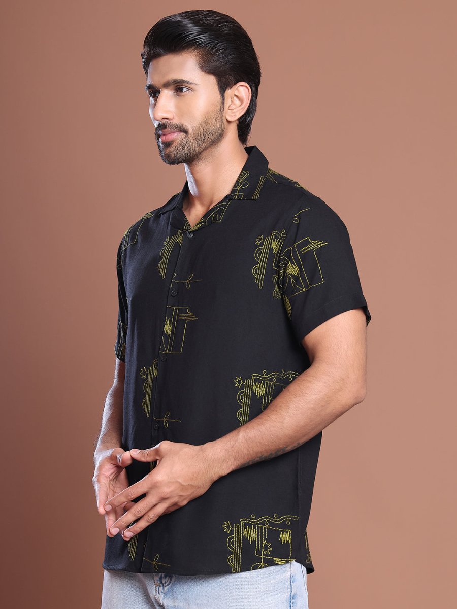 Embroidered Half Sleeve Cotton Shirt for Men - SF_9040Black_S