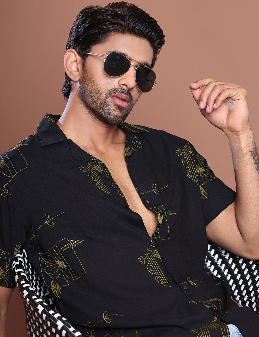 Embroidered Half Sleeve Cotton Shirt for Men - SF_9040Black_S