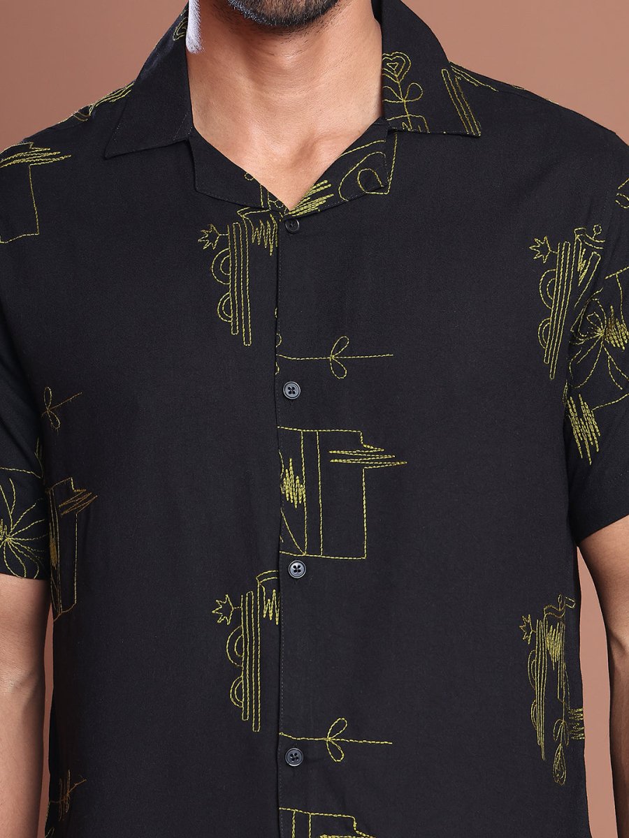 Embroidered Half Sleeve Cotton Shirt for Men - SF_9040Black_S
