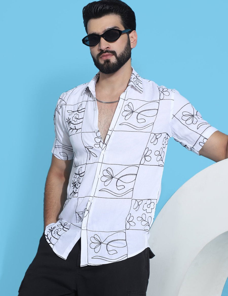 Embroidered Half Sleeve Cotton Shirt for Men - SF_948White_S