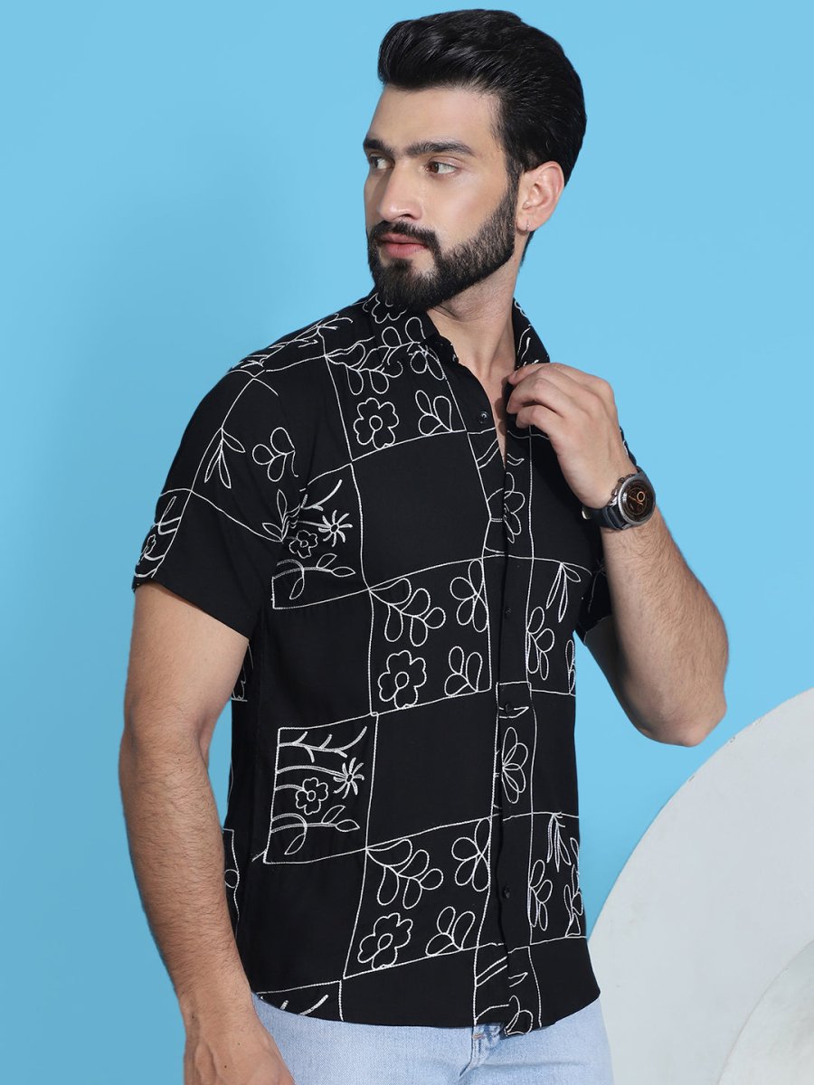 Embroidered Half Sleeve Cotton Shirt for Men - SF_948Black_S