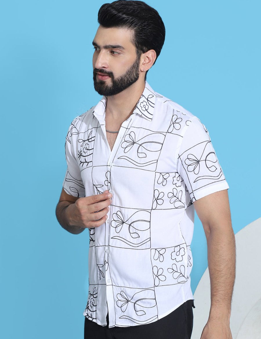 Embroidered Half Sleeve Cotton Shirt for Men - SF_948White_S