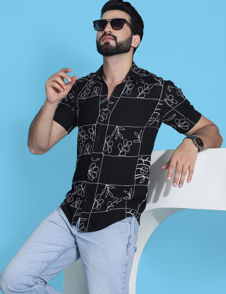 Embroidered Half Sleeve Cotton Shirt for Men - SF_948Black_S