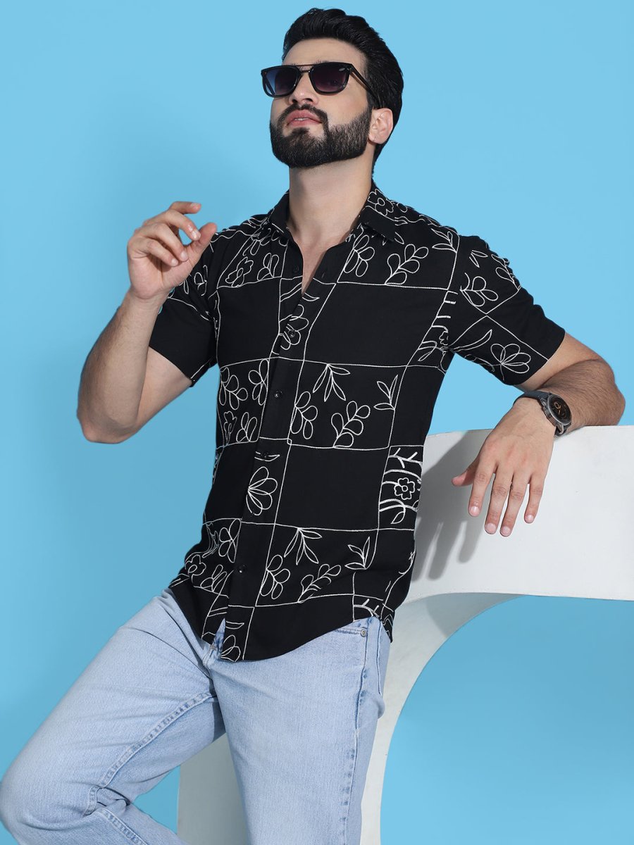 Embroidered Half Sleeve Cotton Shirt for Men - SF_948Black_S