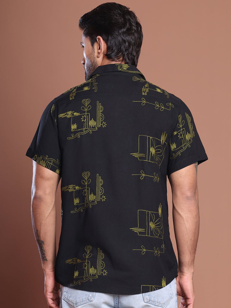 Embroidered Half Sleeve Cotton Shirt for Men - SF_9040Black_S